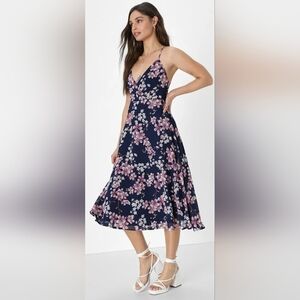 Lulus Sweet Energy Navy Blue Floral Print Lace-Up Midi Dress, BNWT, Size S